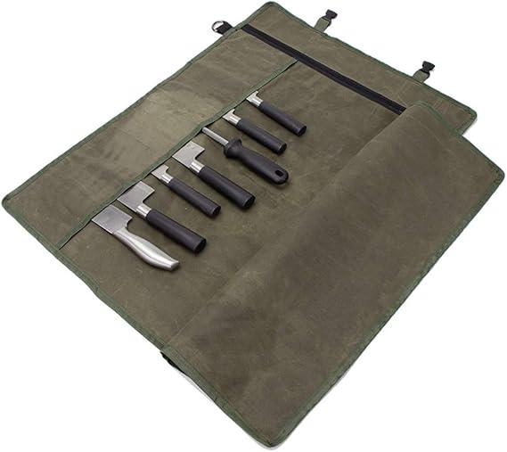 Chef’s Knife Roll Bag,Waxed Canvas Knife Cultery Carrier, Portable Chef Knife Cases,Knife Pouch Holders With 10 Slots Plus 1 Zipper Pockets Can Hold Home Kitchen Knife Tools Up To 18.8”