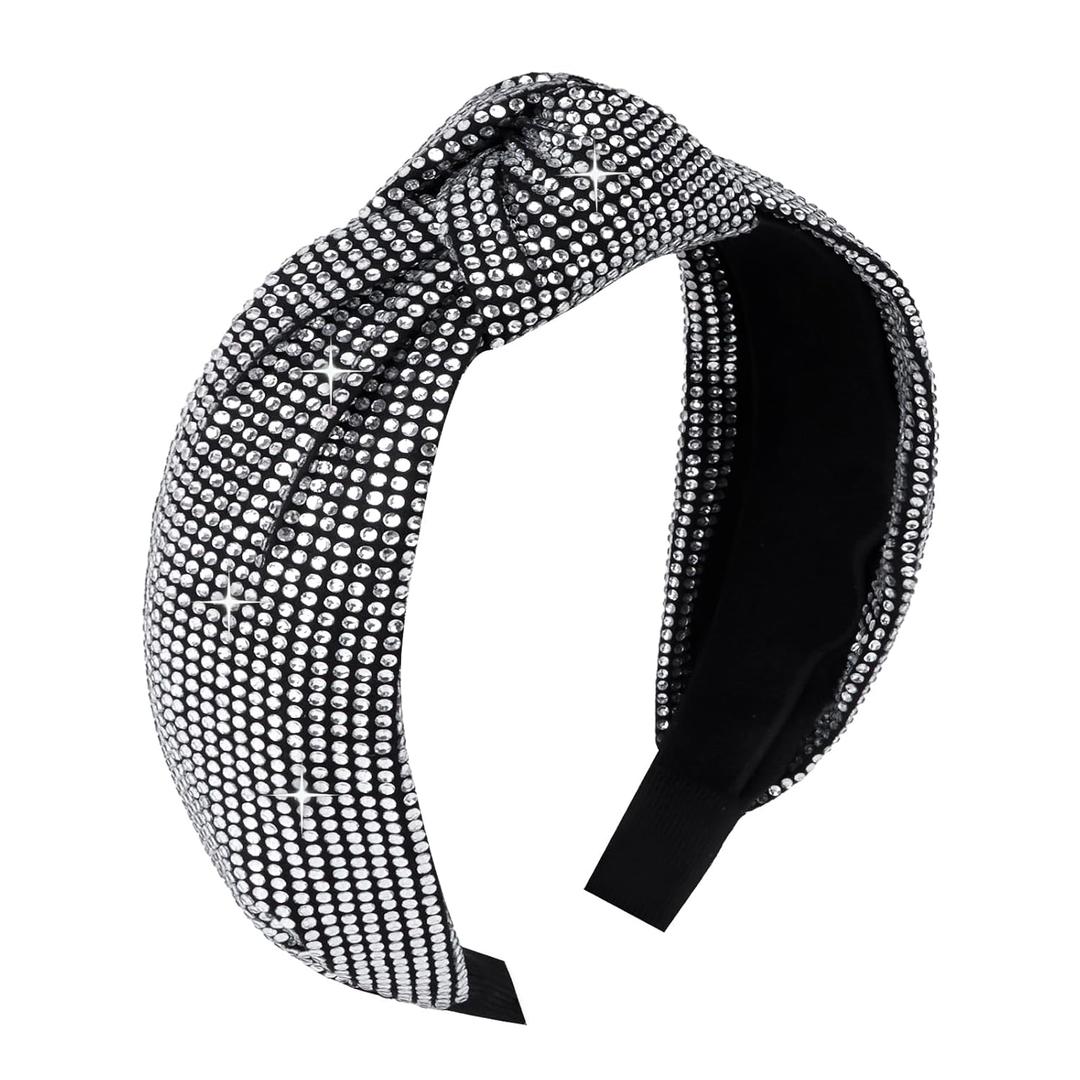 YISSION Rhinestone Knotted Wide Headband for Women - Sparkly Adult Hair Accessory for Parties, Weddings & Daily Wear (Silver)