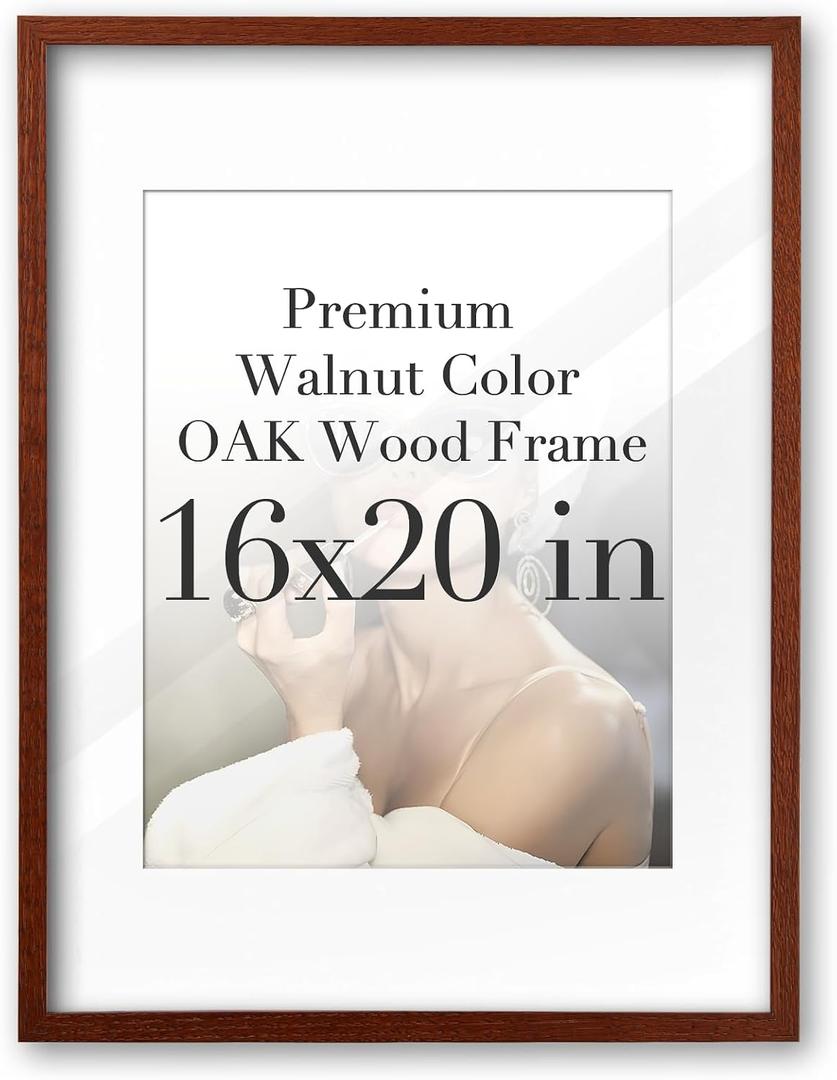 iHery Standard 16x20in Premium Truly Natural OAK Wood Walnut Color Picture Frame with 2 Mats (11x14,16x20), Acrylic Glass Thickened Backboard, Minimalist Photo Frames Narrow Border Set of 1, 20"L x 16"W 1Pack