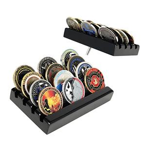 DecoWoodo Challenge Coin Holder Display Case 4 Row Solid Wood Military Coin Rack Small Army Coin Stand Holds 12 Coins, Black Finish