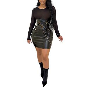 sedmoda Women Sexy Faux Leather Mini Dress Sheer Mesh Patchwork Long Sleeve Bodycon Dresses Party Club Outfits M