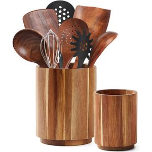 Acacia Wood Utensil Holder for Kitchen Counter, 360 Rotating 7.3"+5.7" Large Cooking Utensil Holder,Kitchen Utensil Crock for Countertop,Farmhouse Kitchen Decor,Spatula Holder Set of 2