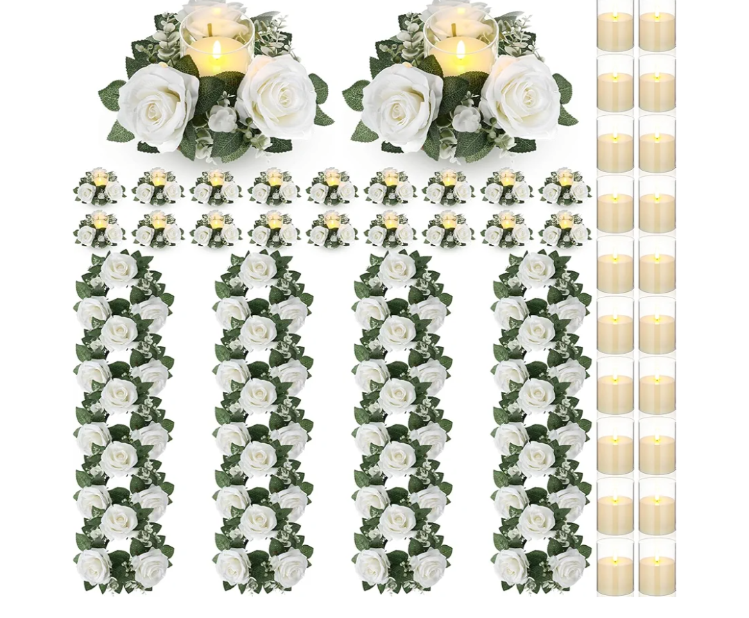 Yunlly 12 Pcs Rose Candle Rings with Flameless Candles Sets, Artificial Flower Eucalyptus Wedding Centerpiece 3 Inch Pillar Candleholders Wreaths for Wedding Party Mother's Day (White)