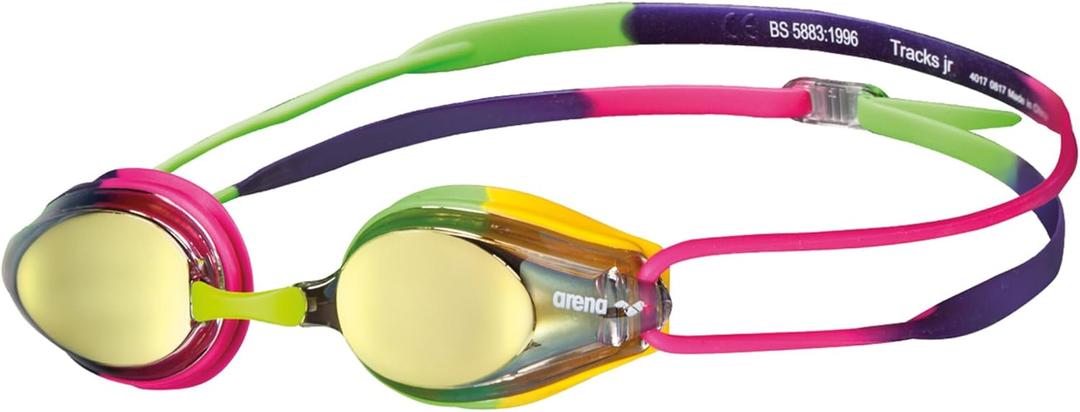 ARENA Tracks Unisex Junior Youth Essential Racing Swim Goggles Kids Swimmers Young Racers Anti-Fog Coated Mirror Lens, Violet/Fuchsia/Green