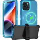 Magnetic for iPhone 14 Case,with Belt Clip,[Compatible with Magsafe] W/Tempered Glass Screen Protector,Anti-Drop,Shockproof,Heavy Duty Protection (Lake Blue)