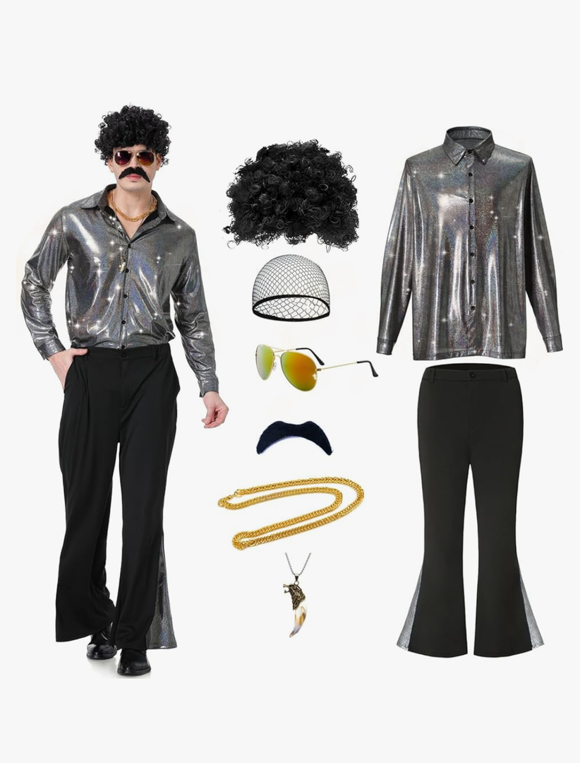 70s Disco Outfit for Men 70s Disco Costume with Satin Shirt Bell Bottom Pants Wigs Mustache Necklace Sunglasses for Party , Size M