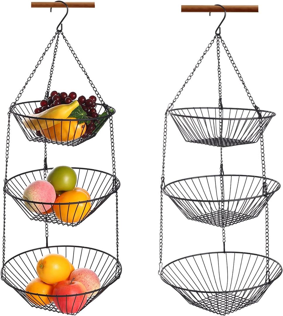 JUNCHU CHERRY 3-Tier Wire Fruit Hanging Basket 2 Packs,non-Punching Wall Hanging Storage,Kitchen Bathroom Organization Basket,Suitable for Bathroom,Kitchen,Closet,Garden,Black