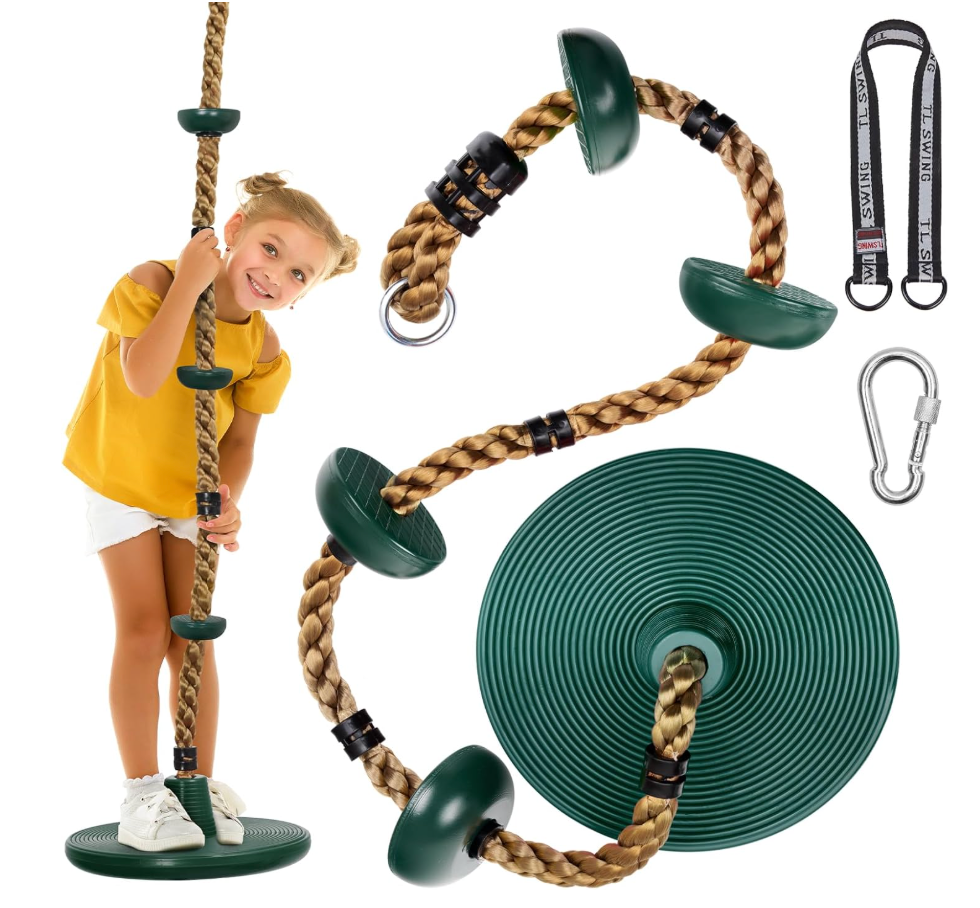 DECORLIFE Tree Swing for Kids, Adjustable Rope Swing Disc Swing for Outside with Platform Carabiners and Strap Outdoor, Playground Accessories, Green