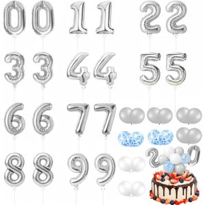 Gejoy 36 Pack 5 Inch Mini Number Balloon Foil Cake Topper Number Avoid Violent Hitting 0-9 Balloons Set with Inflation for Birthday Party Engagement Anniversary Baby Shower Decor(Silver)