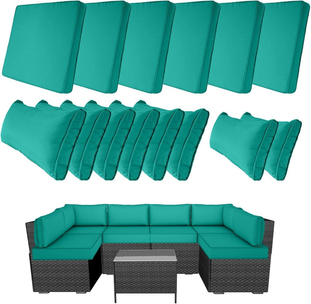 14 Piece Outdoor Furniture Replacement Cushions, Cover+Filling, 25.6" x 25.6" x 4" Foam Waterproof Outdoor Sofa Cushion Sets, Fit Wicker Rattan Sectional Conversation Set,Teal
