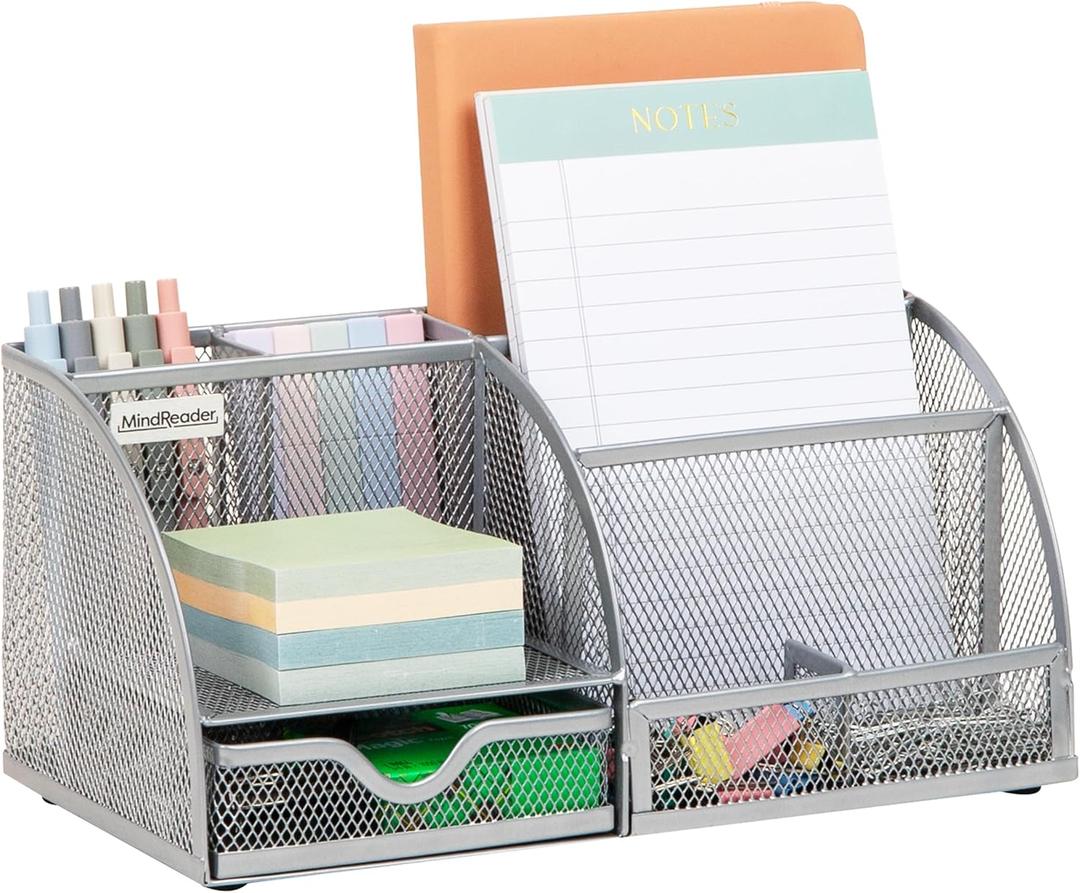 Mind Reader 7-Compartment Desktop Organizer, File & Accessory Storage, Metal Mesh Office Organizer for Desk, Workspace, Mail, Silver