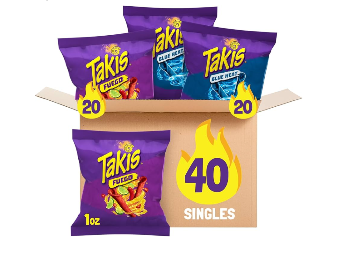 Takis 40 pc / 1 oz Variety Pack - Fuego & Blue Heat Flavored Rolled Tortilla Chips - (20) Fuego, (20) Blue Heat - Perfect for Tailgates, Parties, or the Office, BBD: 02.24.2026
