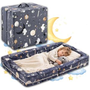 Portable Toddler Bed Foldable Toddler Travel Bed & Folding Floor Bed for Kids/Toddlers 1-5, High-Density Foam, Safety Rails, Washable Cover, No Assembly