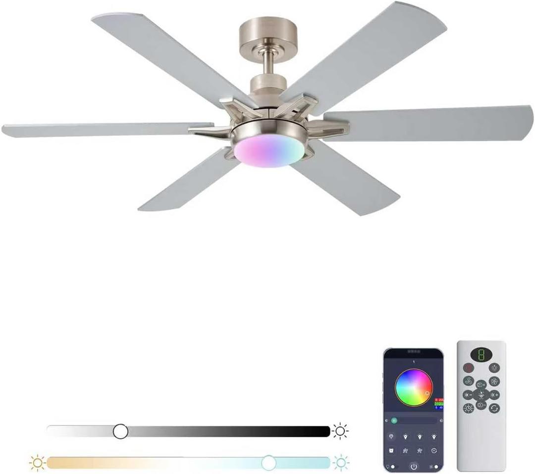 52in Ceiling Fans with Lights RGB Ceiling Fan with Light and Remote/APP Control,Low Profile Ceiling Fans with Lights for Bedroom,Living Room,Kids Room,3CCT Dimmable Modern Ceiling Fan, 6 Speeds,Nickel