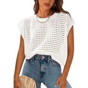 PRETTYGARDEN Womens Spring Tops 2025 Summer Shirts Crochet Cap Sleeve Sweater Pullover Cute Beach Vacation Clothes(White, Small)