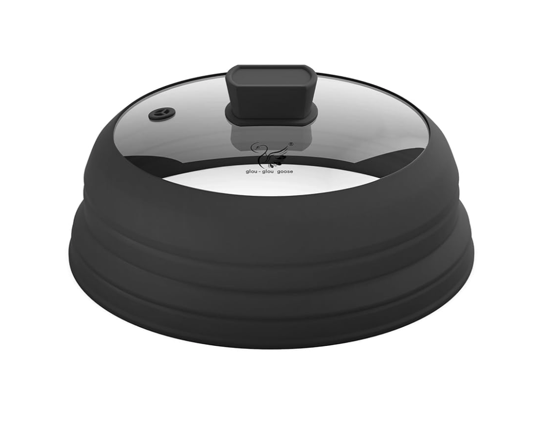 Microwave Splatter Cover Glass Guard Lid with Collapsible Silicone for Food Pot Plate 9.8 inch Black