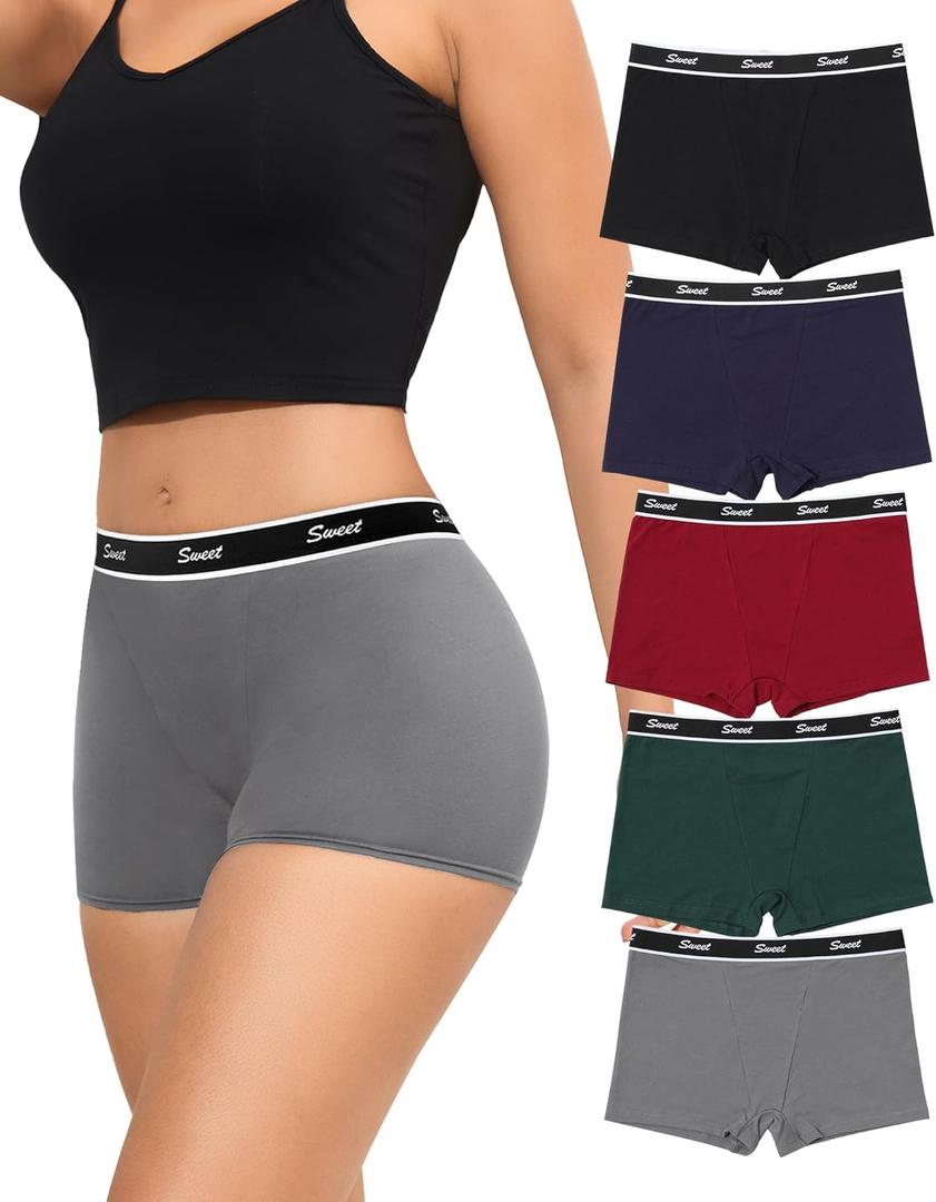 LEVAO Cotton Boy Shorts Underwear for Women High-waisted Full Coverage Boxer Briefs Panties 5 Pack (Medium)