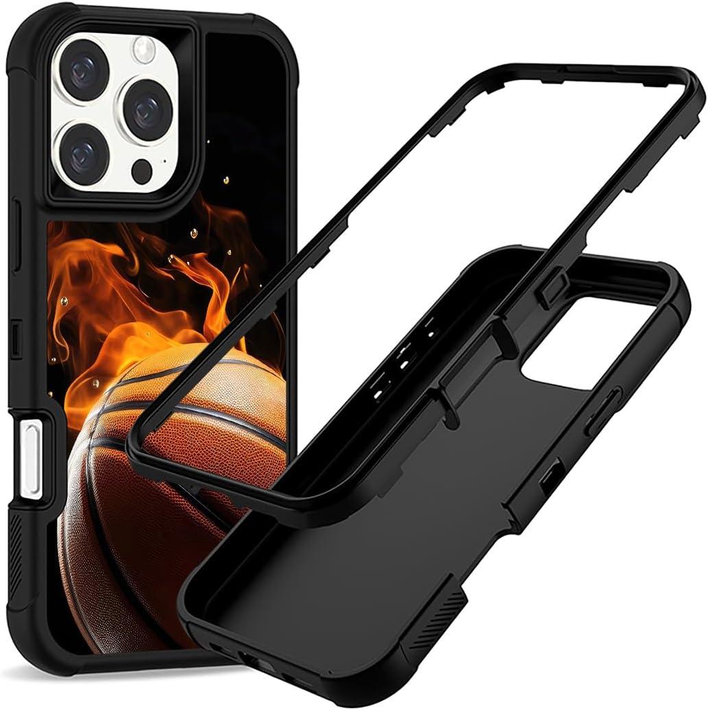 Compatible with iPhone 16 Pro Case, Heavy-Duty 3-in-1 Full-Body Rugged with Soft Rubber Bumper Shockproof Protective Cover for Men Boys Kids Teen - Fire Basketball 011
