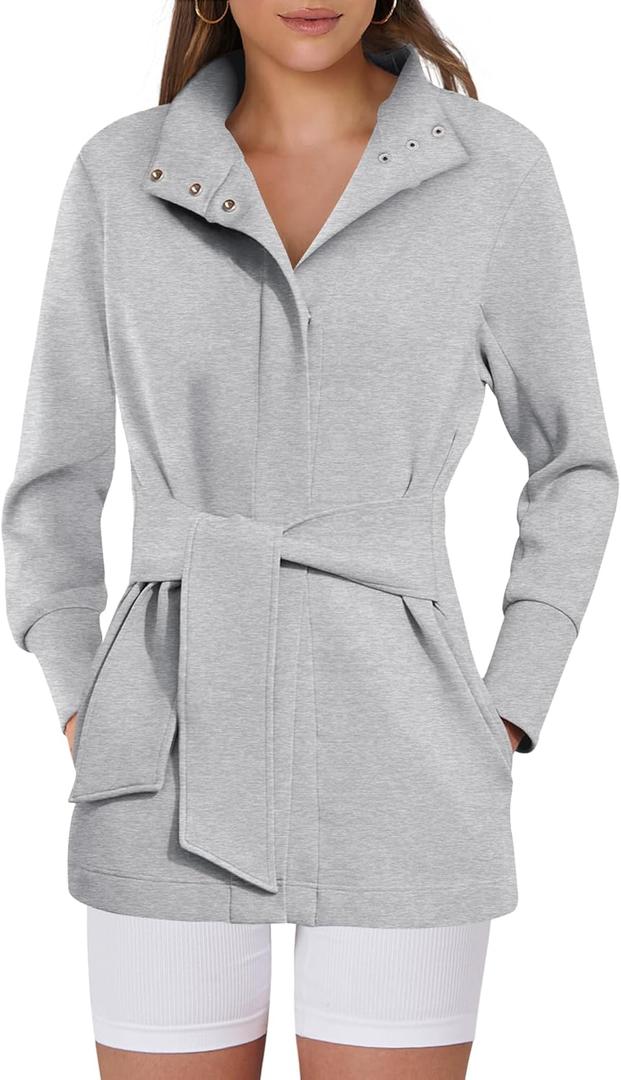 ANRABESS Womens Jacket Belted Casual Long Sleeve Wrap Trench Coat 2025 Spring Trendy Button Up Dressy Outerwear with Pockets (Small, Light Grey)
