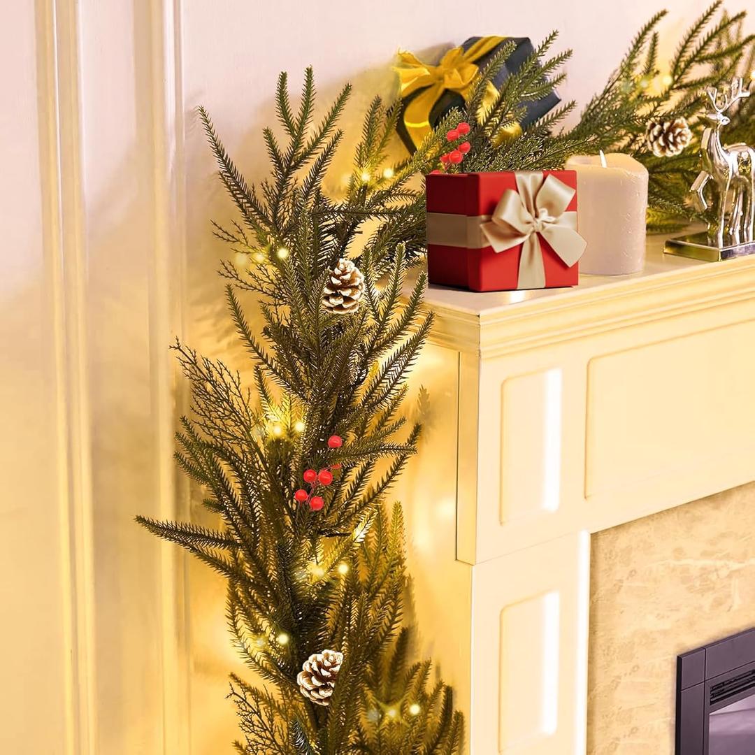 6FT Norfolk Pine Garland with Light for Christmas Decoration, Artificial Christmas Garland Without Chemical Scent, Real Touch Cedar Garland for Mantle,Table, Fireplace, Wall and Outdoor Decoration