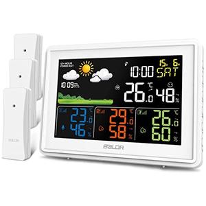 BALDR Wireless Weather Station with 3 Sensors, Color Display Digital Atomic Clocks with Indoor Outdoor Temperature (White)