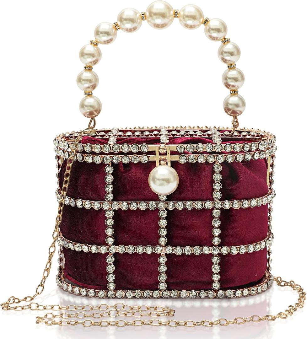 CARIEDO Evening Handbag Women Clutch Purses with Pearl Diamonds for Wedding Prom Birthday Party Dinner Accessories (Maroon)