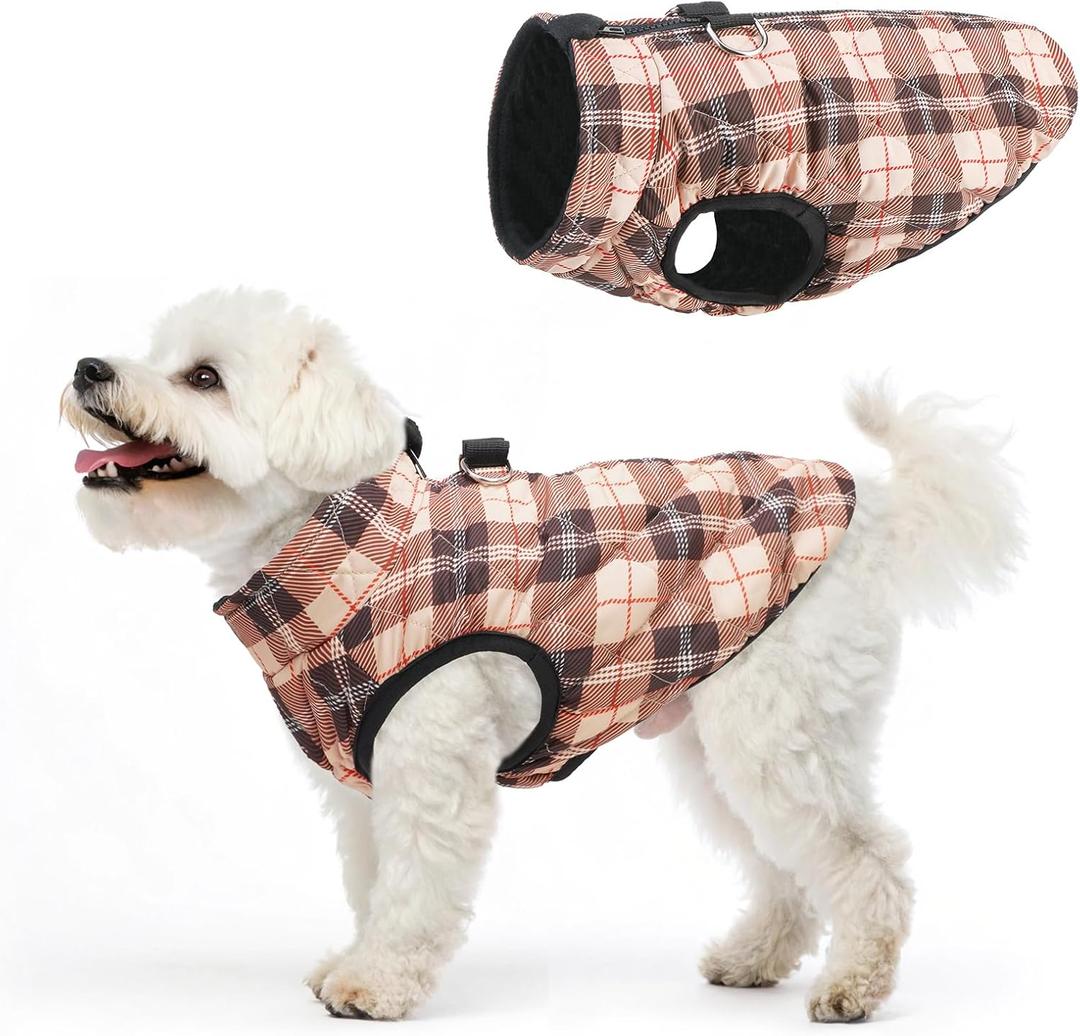 SCENEREAL Dog Winter Coat Boy Girl- Warm Jacket with Built-in Harness for Small & Medium Dogs, Fall Winter Waterproof Cold Weather Coat, Fleece Puffer Vest - Windproof Snow Puppy & Pet Clothes (M(Chest 16.5")-Regular, #2 Beige Square Plaid-Gloss)
