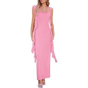 PRETTYGARDEN Women's 2025 Summer Wedding Guest Dress Sleeveless Ruffle Formal Cocktail Party Maxi Bodycon Dresses S