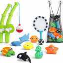 Magnetic Toddler Bath Toys - Kids Fishing Pool Game Set of 2 Fishing Poles, 8 Rubber Sea Animals, & Net - Water Toys with Mesh Organizer Bag