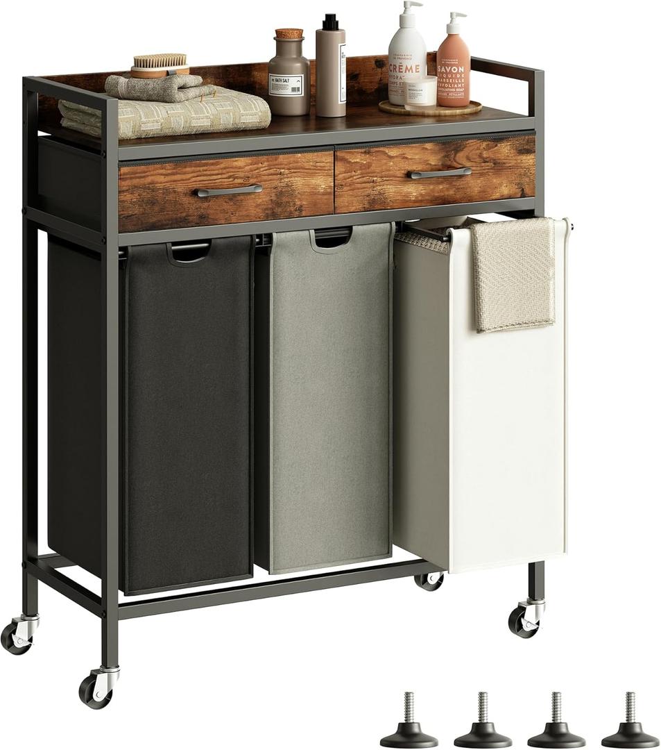 Laundry Sorter 3 Section Laundry Hamper with Shelf, Durable 3 Section Laundry Basket with Rolling Wheels & Storage Drawers, 3 x 13.26 Gallons (50L), Rustic Brown PF09XLN
