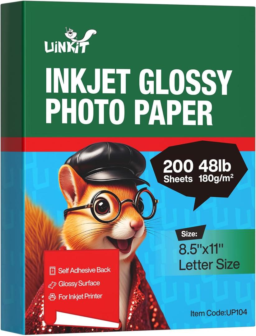 Uinkit Glossy Photo Paper 8.5 x 11 in Letter, 180 gsm 48 lb, Single-Sided, Instant Dry, Smudge-Resistant Inkjet Paper, Bright White, 200 Sheets for Home/Office Trial Use