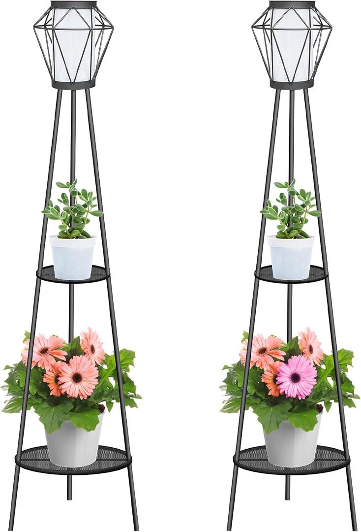 TOOTOO STAR Solar Floor Lamp 2 Piece Set, 48" High Solar Outdoor Lights, with Plant Holder for Garden Patio Deck Porch Outdoor Decoration (48''- Double layers)