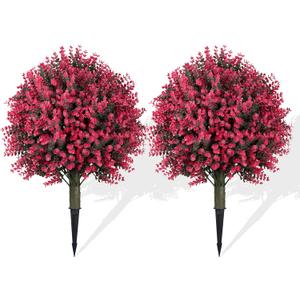 Artificial Eucalyptus Topiary Ball Trees (Set of 2) 24" Tall UV-Resistant Fake Evergreen Shrubs with Ground Spike for Outdoor Planters, Porch, Garden & Indoor Decor (Rose Red)