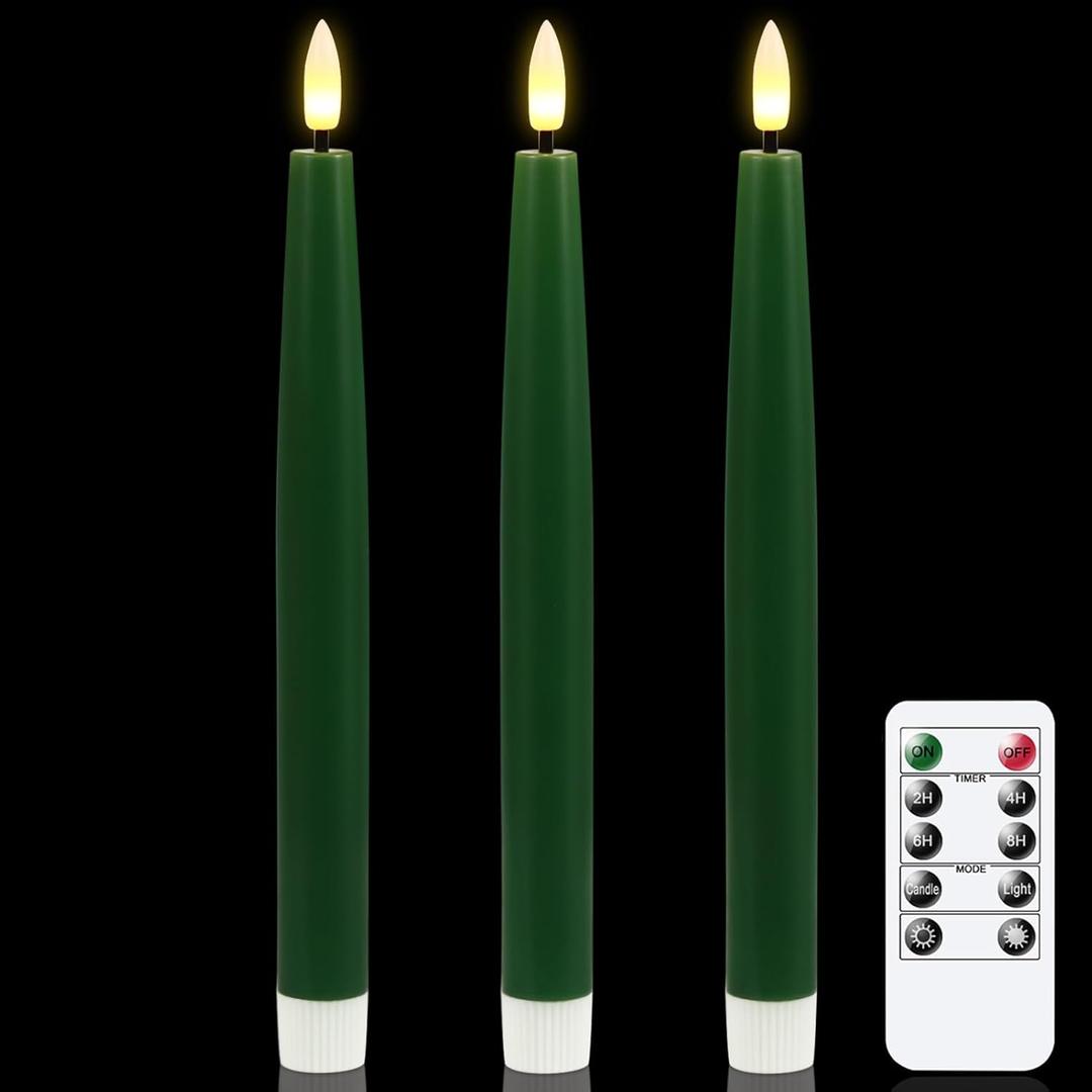 GenSwin Flameless Taper Candles with Remote Timer, Real Wax LED Flickering Candlesticks Battery Operated 3D Wick for Wedding, Party, Home(Christmas Green, 9.84")
