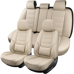 Leather Car Seat Covers Full Set Breathable Automotive Seat Covers Waterproof Seat Protectors Universal Fit for Most Automotive Cars SUV Trucks(Beige, Full Set)