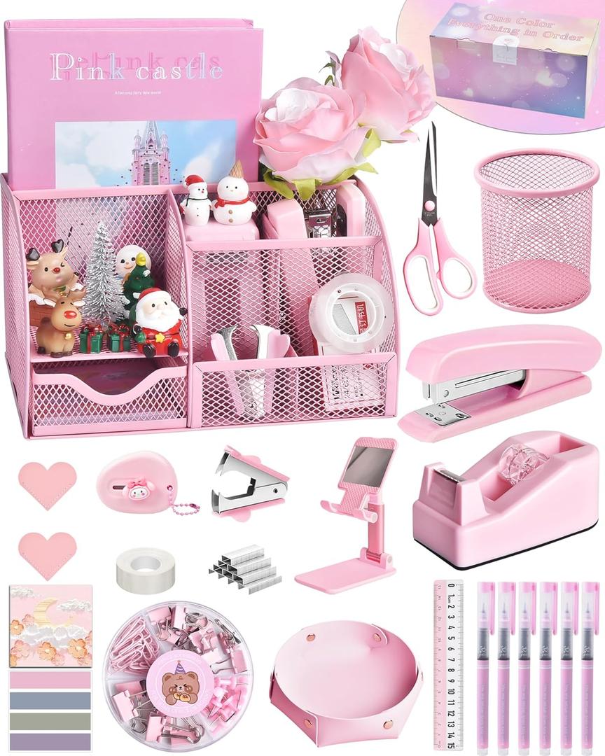 Pink Desk Accessories, 24Pcs Pink Office Supplies and Desk Organizers, with Tape Dispenser, Stapler, Staple Remover, Ect, Gift Box Packaging