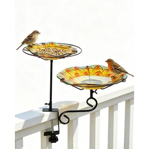 2-in-1 Deck Mounted Bird Bath for Outside Glass Birdbath Bowl & Birdfeeder with Adjustable Sturdy Metal Clamp for Railing Balcony 11" Dia, Sunflower (Yellow)