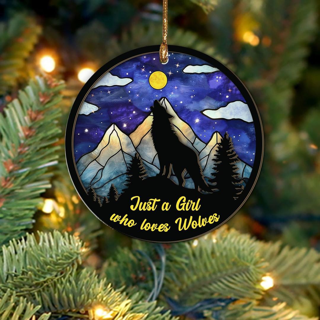 Wolf Lovers Ornament Christmas 2025, Woodland Wild Animal Ornaments for Christmas Tree, Wolf Wooden & Acrylic Ornament Decorations, Gifts for Animal Lovers, Girls, Women, Just a Girl Who Loves Wolves