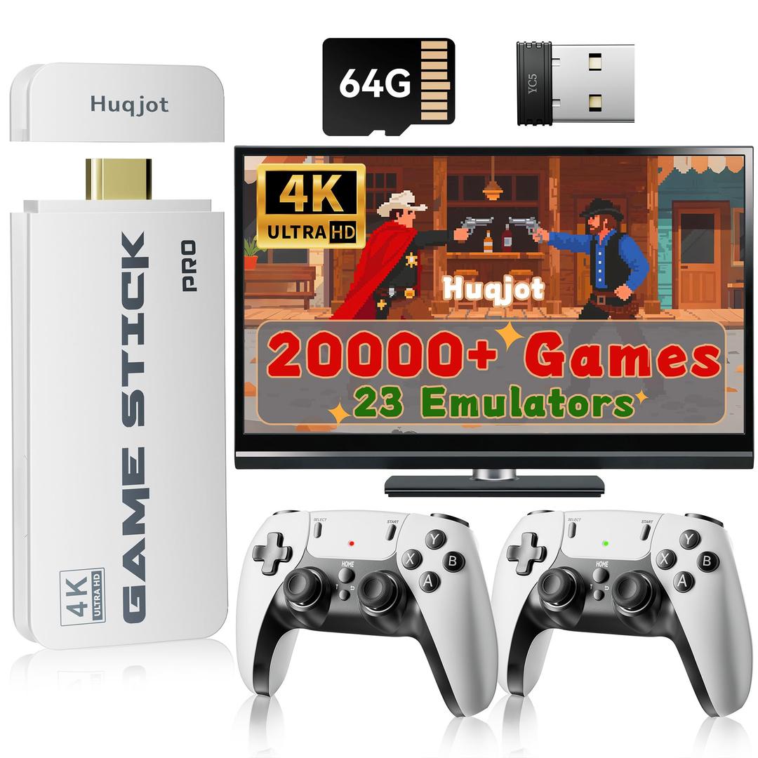 2026 New Retro Gaming Console, Retro Gaming Stick with 20,000+ Classic Games and 23 Game Emulators, Plug & Play 4K HDMI Output Game Console Stick with Dual 2.4G Controllers (64GB)