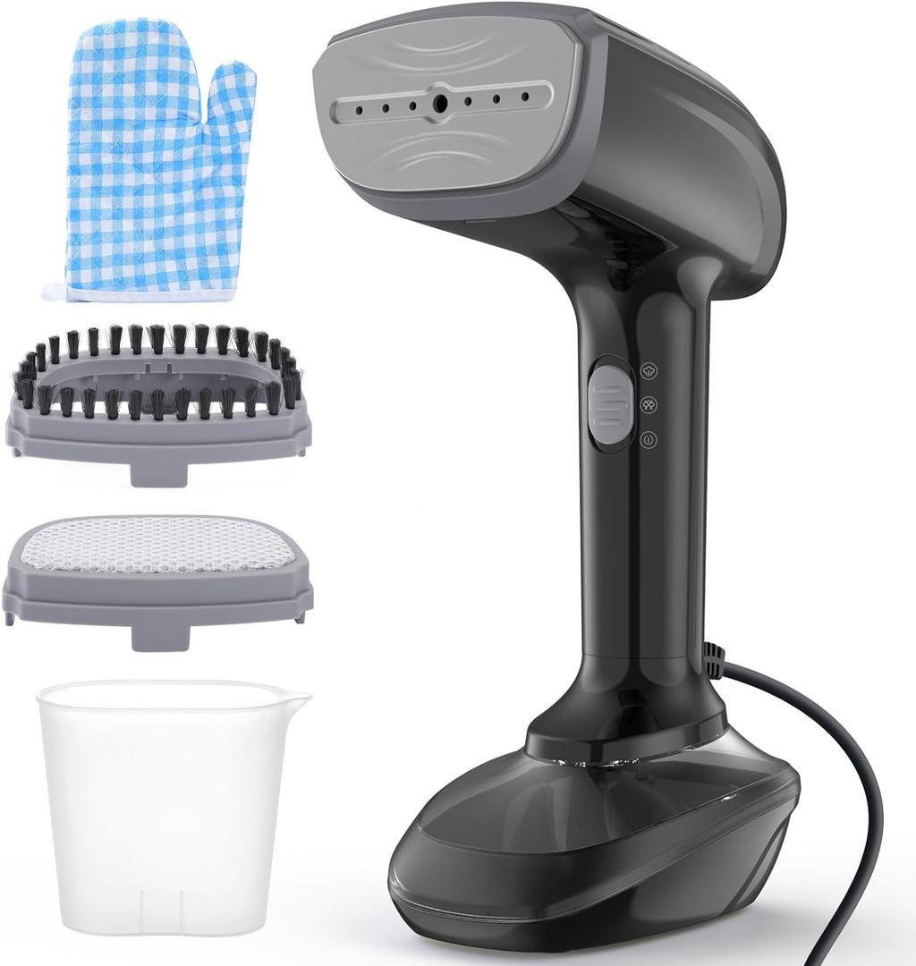 Powerful Handheld Fabric Steamer - 1800W with Fast Ceramic Heat-Up Plate, 2-in-1 Ironing & Wrinkle Remover, Steam Nozzle, Lint Brush - Black, for US 120V Only