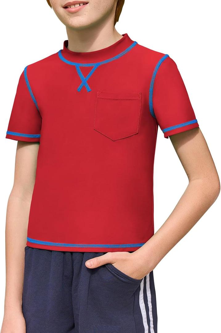 Haloumoning Boys Athletic Short Sleeve T-Shirts Kids Quick Dry Rash Guard Swim Shirt Tops Tees 5-14 Years (Red)