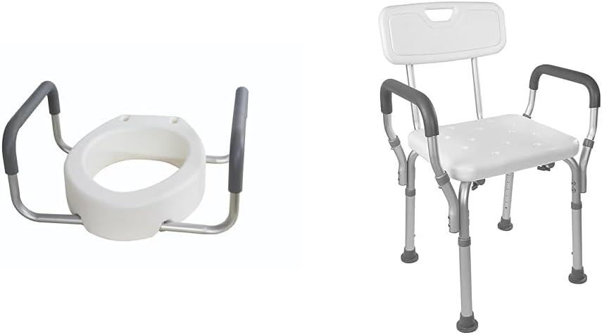 Essential Medical Supply Raised Elevated Toilet Seat Riser for an Elongated Toilet & Vaunn Shower Chair Bath Seat with Padded Arms