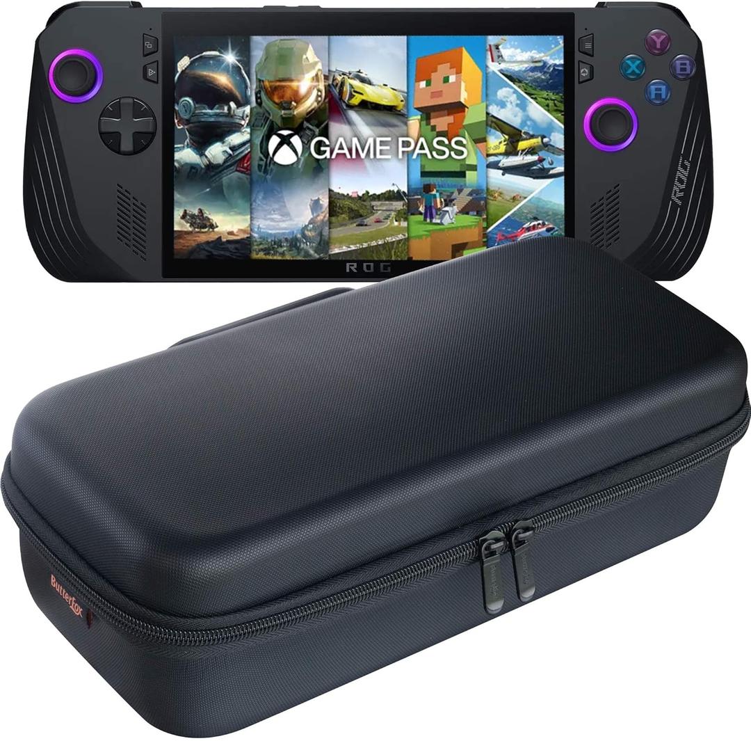 ButterFox Large Carry Case Bag for ASUS Rog Ally X with Built-in Stand, Fits Charger, Large Accessories Pocket for 65W Battery Bank, Slim Mouse and HDMI Cable - Black/Purple