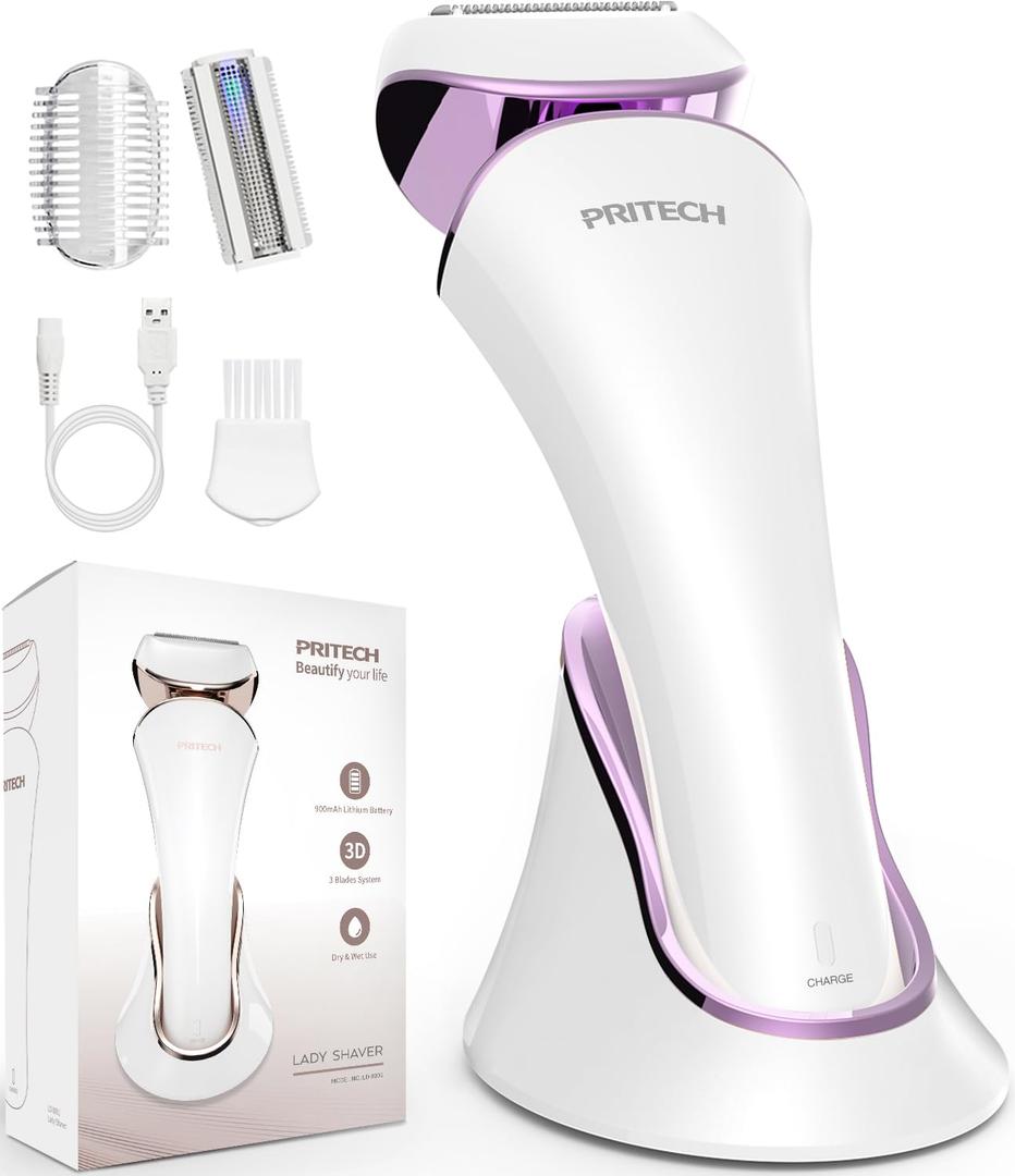 PRITECH Electric Shaver for Women - Cordless Ladies Shaver, Lady Razor for Legs, Arm, Underarms, Bikini, USB Rechargeable Razor Wet & Dry Waterproof Razor for Woman (Purple)