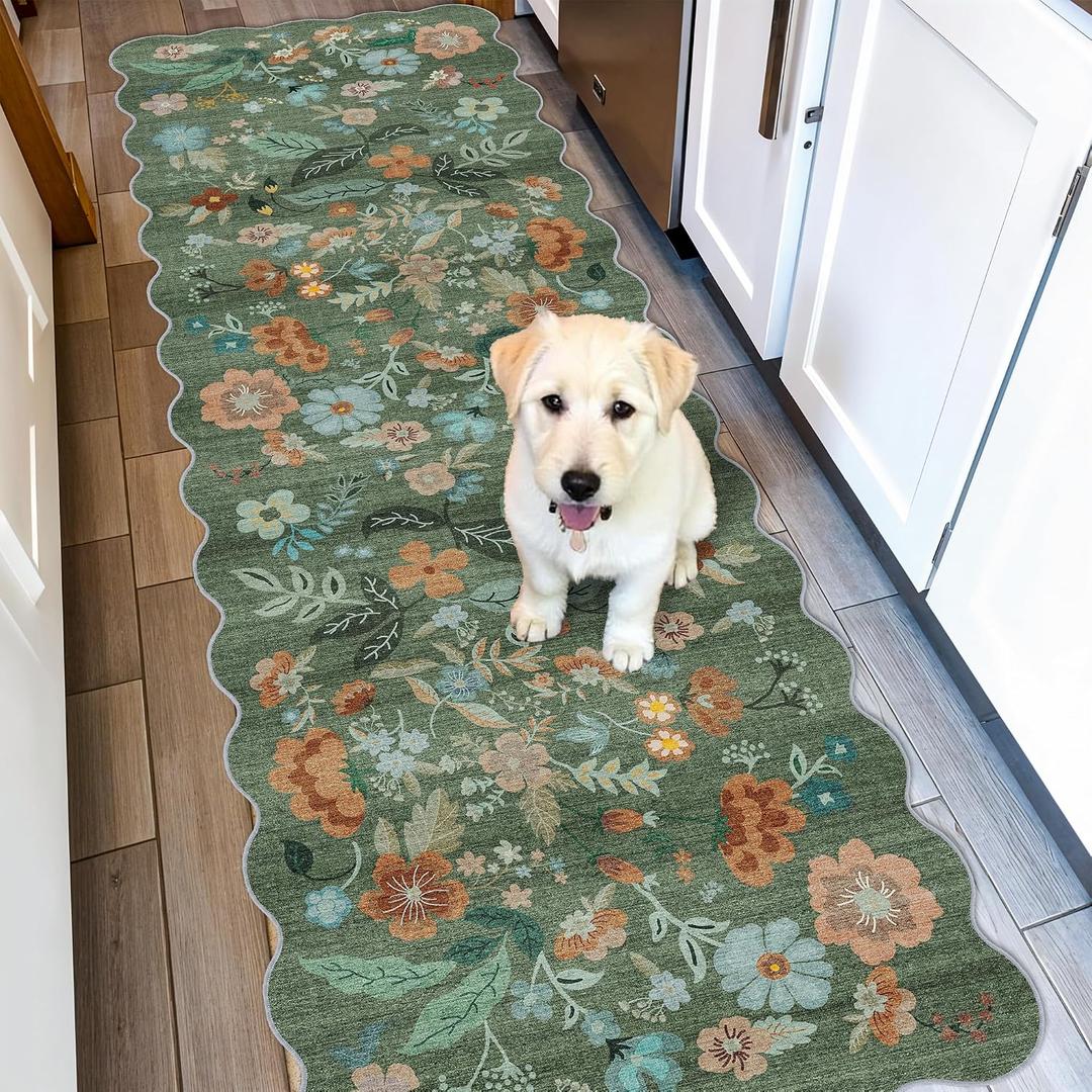 Washable 2x6 Runner Rug for Entryway: Hallway Kitchen Easy-Clean Carpet with Non-Slip Backing Stain-Resistant Low Pile Floor Mat Perfect for High-Traffic Areas with Pets (2x6 Floral/Green)