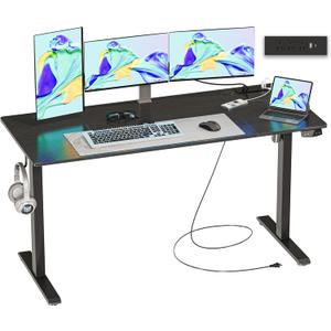 JOISCOPE 55 x 24 inch Adjustable Electric Standing Desk (3AC, USB, Type-C) with 2 Memory Heights, 25 mm/s Lift Speed, Gaming Study Drafting Sit Stand Desk for Home Office Bedroom, Black 