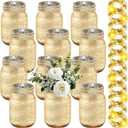 Tioncy 12 Pcs Painted Mason Jars for Table Glass Decorative Jars with 12 Light Strings for DIY, Wedding, Graduation, Bridal Shower, Housewarming, Home Decoration (Gold)