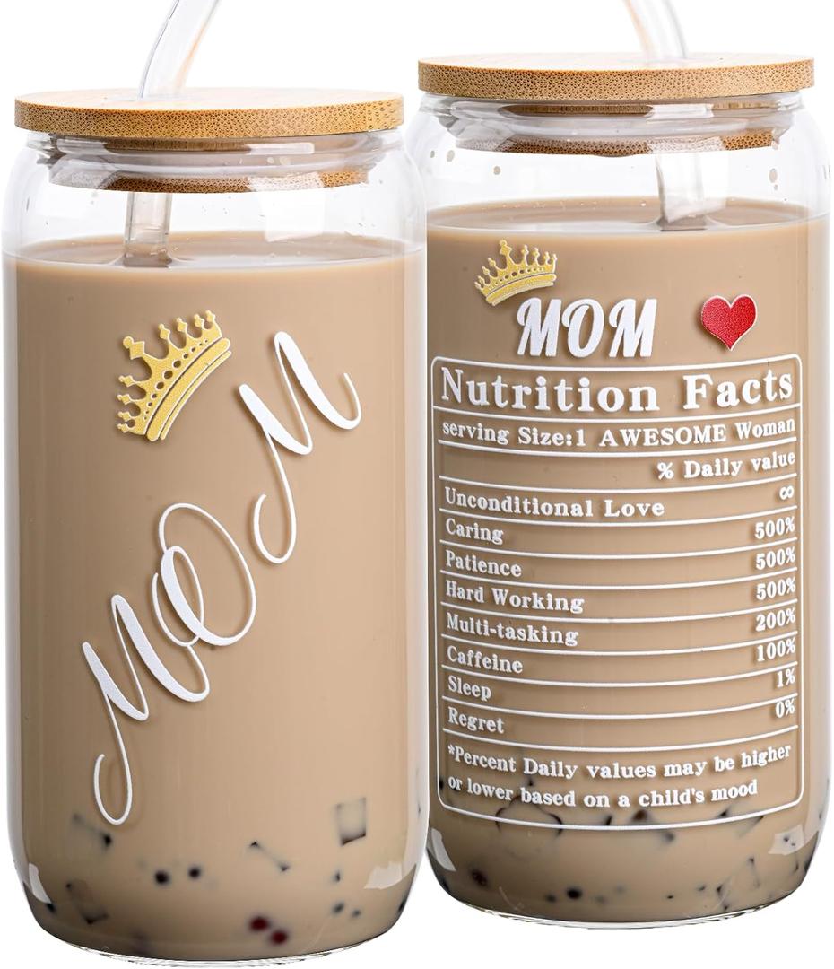 Christmas Gifts for Mom Womem, 16oz Can Glass Cups with Lids and Straws Mom Iced Coffee Cups for Mama Wife New Mother Stepmom on Birthday Xmas Presents