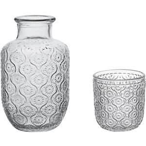 Vintage Bedside Water Carafe and Glass Set, 18.5 OZ Glass Pitcher and 5 OZ Cup, Bedside Night Water Carafe Set with Tumbler Glass, Clear Glass Water Pitcher with Lid for Bedroom Nightstand (Clear)