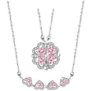 Sterling Silver 2 in 1 Convertible Clover Heart Necklace with Cubic Zircon